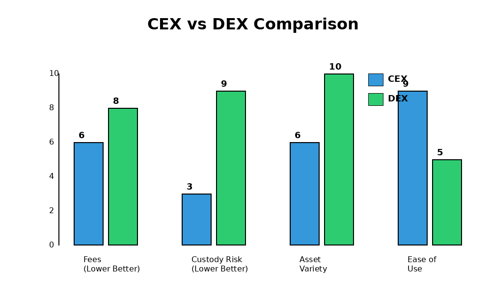 Bar chart comparing centralized exchanges (CEX) and decentralized exchanges (DEX) across fees, custody risk, asset variety, and ease of use for DeFi beginners