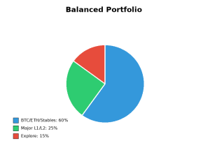 DeFi starter kit balanced portfolio allocation showing 60% in BTC/ETH/stablecoins, 25% in major Layer-1 and Layer-2 tokens, and 15% in exploration