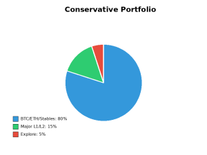 DeFi starter kit conservative portfolio allocation showing 80% in BTC/ETH/stablecoins, 15% in major Layer-1 and Layer-2 tokens, and 5% in exploration