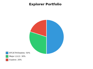 DeFi starter kit explorer portfolio allocation showing 50% in BTC/ETH/stablecoins, 30% in major Layer-1 and Layer-2 tokens, and 20% in exploration