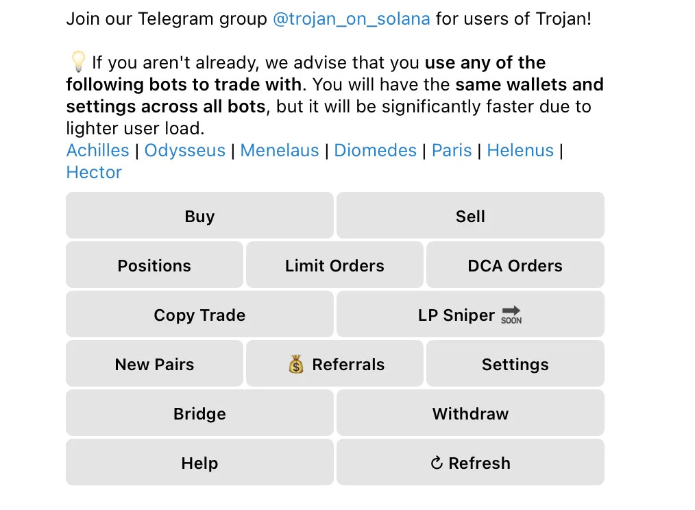 Trojan Telegram Bot — start screen showing /start command and wallet creation.
