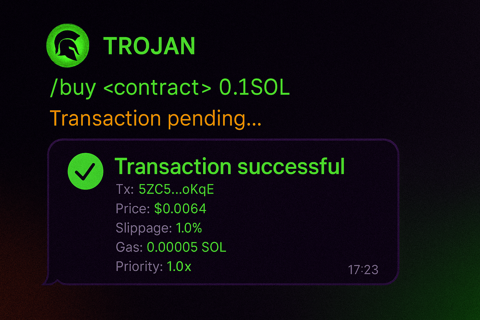 Trojan Telegram Bot — buy command and transaction confirmation.